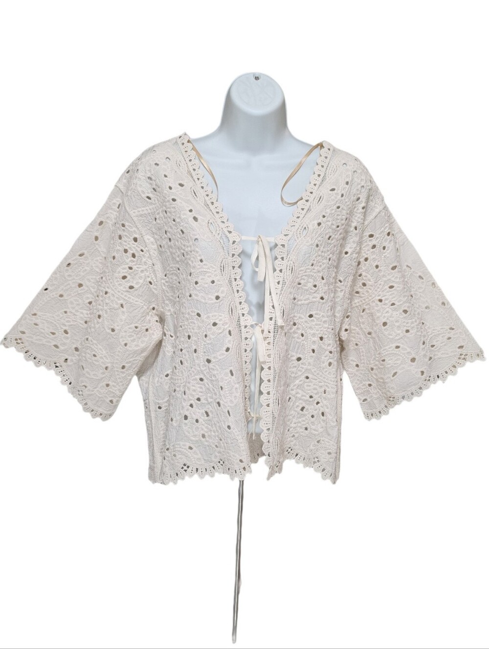 Democracy Eyelet Crochet Trim Tie-Front Embroidered Boho Woven Top 3/4 Sleeve M